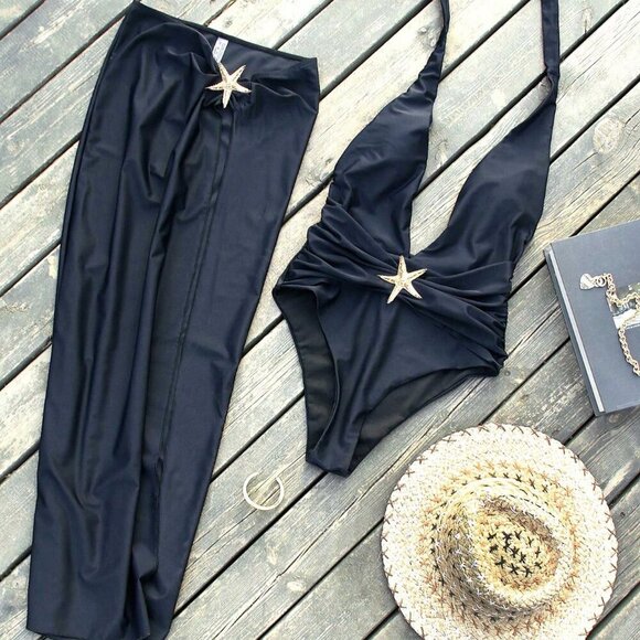 Black Women's Swim Beach Starfish detailed One Piece Swimsuit & skirt set - Picture 5 of 7